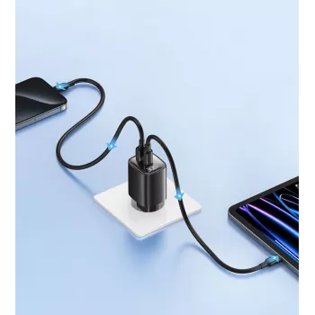 usams CC229 30W GaN ātrais lādētājs balts — USB un USB-C, LED indikators