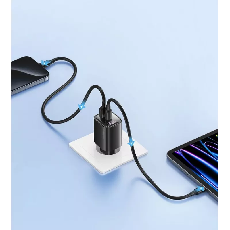 usams CC229 30W GaN ātrais lādētājs balts — USB un USB-C, LED indikators