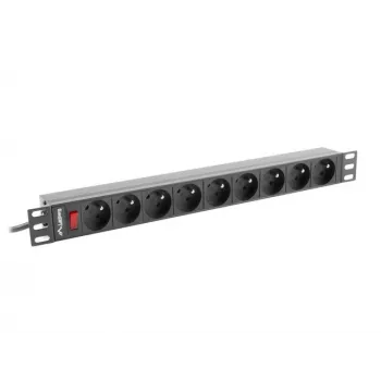 Strāvas sadales bloks LANBERG PDU-09E-0300-BK — 9x E tipa kontaktligzdas, 16 A, 220–250 V, 3 m kabelis, 1U, 19 collas