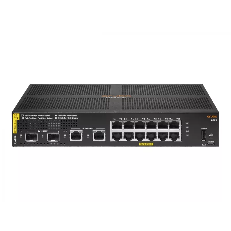 HPE Aruba Networking 6100 12G Class4 PoE 2G/2SFP+ 139W pārvaldāms L3 Gigabit Ethernet (10/100/1000) PoE slēdzis, 1U, melns