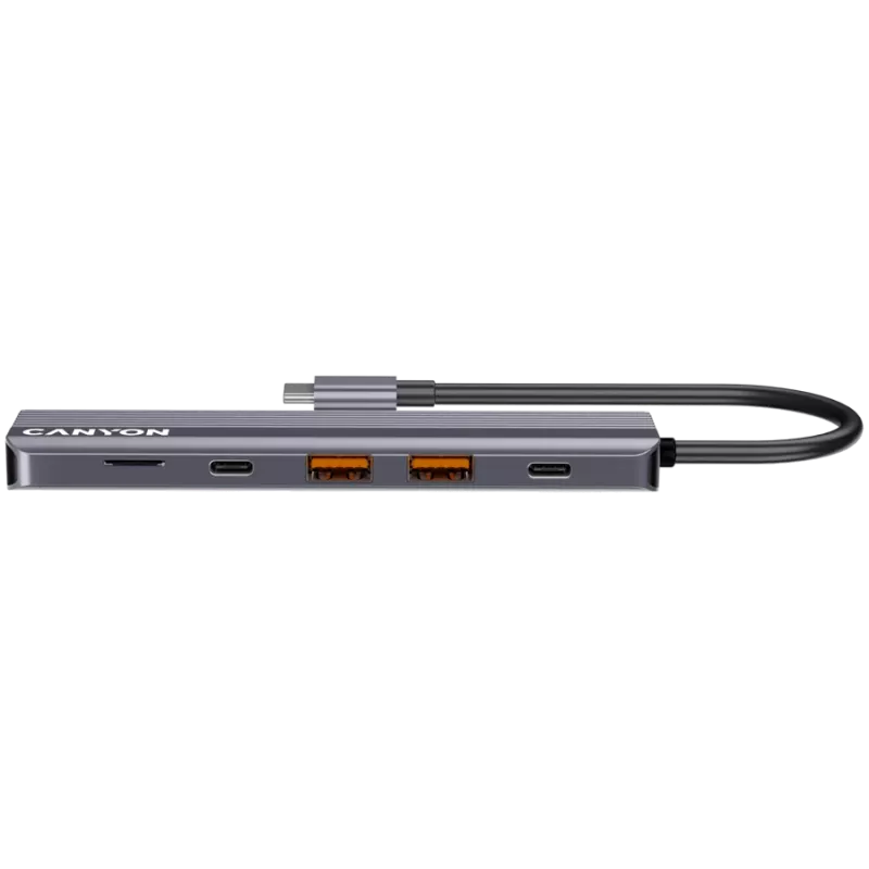 USB Type-C centrmezgls CANYON DS-17 — HDMI, USB 3.2 Gen 1 A, USB-C, MicroSD, 10000 Mbit/s, pelēks
