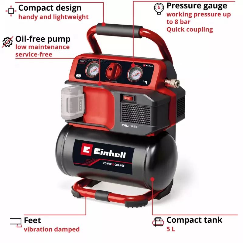 Bezvadu kompresors Power X-Change TE-AC 18/75 Li OF-Solo, 18V (melns/sarkans, bez akumulatora un lādētāja)