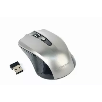 Bezvadu pele GEMBIRD MUSW-4B-04-BG — labai rokai, optiska 1600 DPI, 4 pogas, RF bezvadu, melna/pelēka
