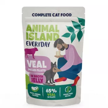 Slapjā barība kaķiem animal island Everyday Jelly Teļš — 12 x 85 g paciņas, pieaugušiem kaķiem, bez cukura/sojas/glutēna
