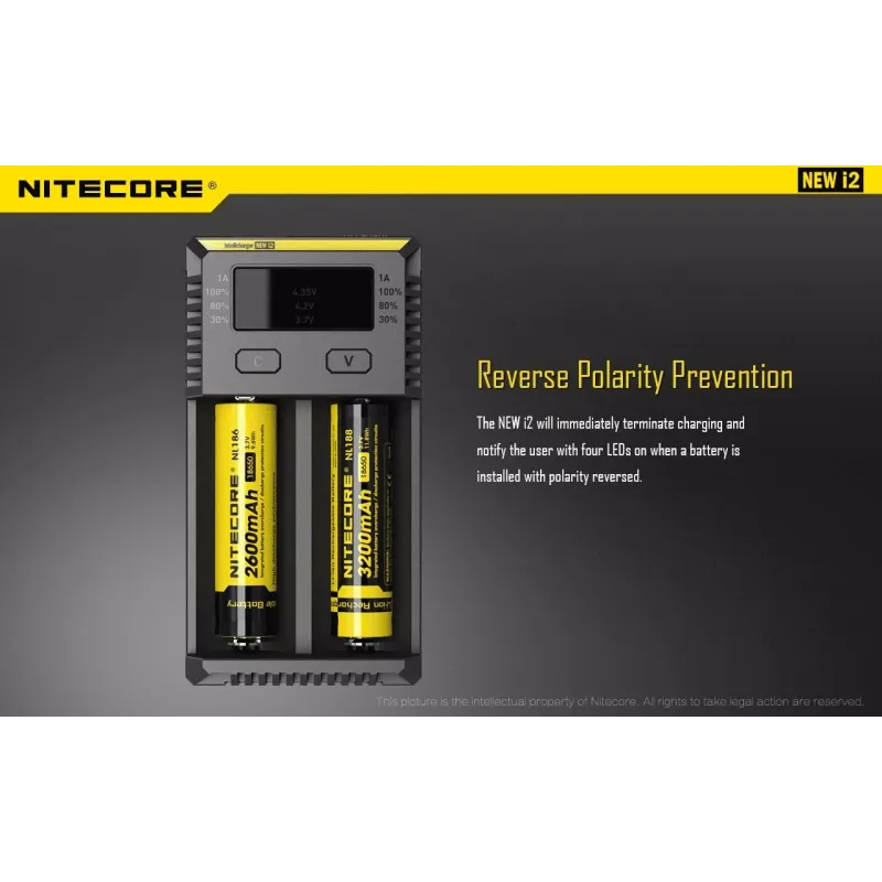 Lādētājs Nitecore NEW i2 — 2 slotu lādētājs LiFePO4, Li-Ion, NiMH; 100–240 V; 9–12 V; AAAA/C/D/AAA/AA; melns
