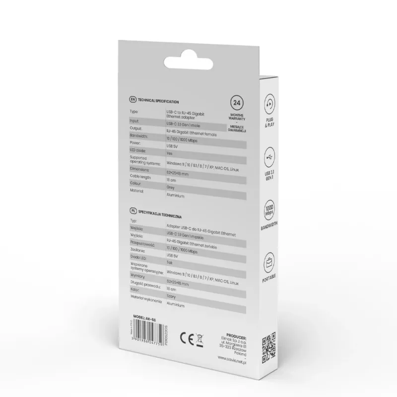 SAVIO AK-56 USB-C 3.1 Gen.1 (vīrietis) uz RJ-45 Gigabit Ethernet (sieviete), 1000 Mbps, pelēks