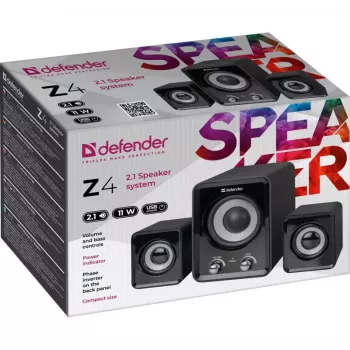 DEFENDER Z4 vadu 2.1 skaļruņi, 11 W RMS, melni, USB 5V barošana, 3.5 mm austiņu izeja