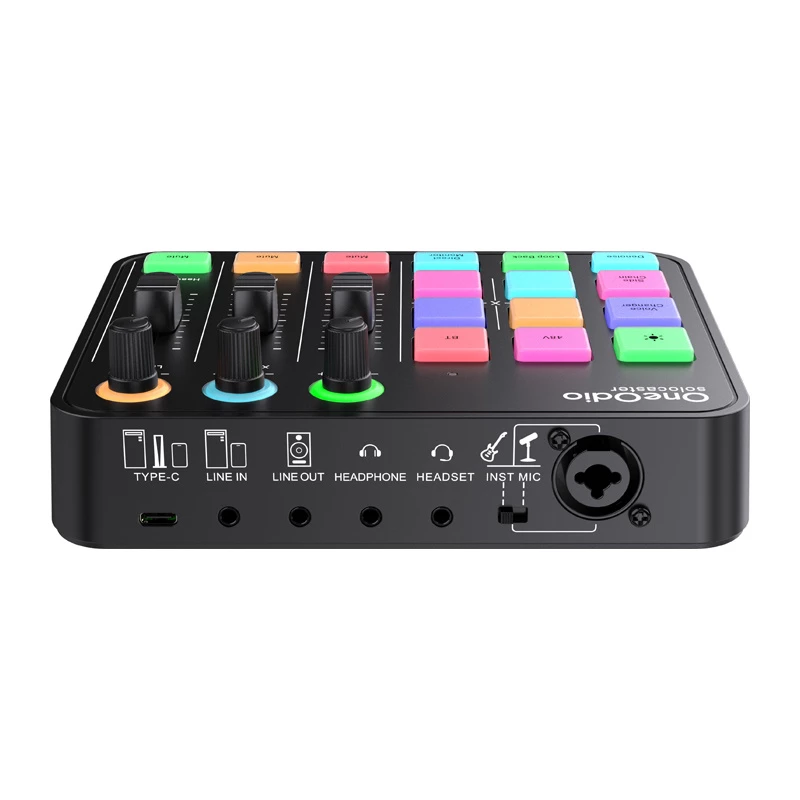 Audio mikseris un USB skaņas karte OneOdio Solocaster — kompakts darbvirsmas interfeiss straumēšanai un ierakstīšanai