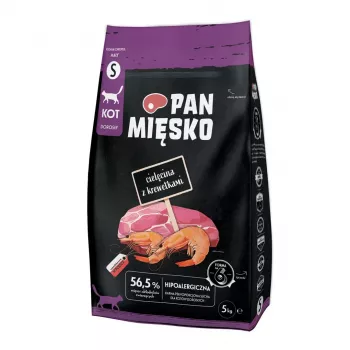 Sausā kaķu barība Pan Miesko Teļa gaļa ar Garnelēm Mazām, Pieaugušiem, 5 kg, Olbaltumvielas 39%, Tauki 16%