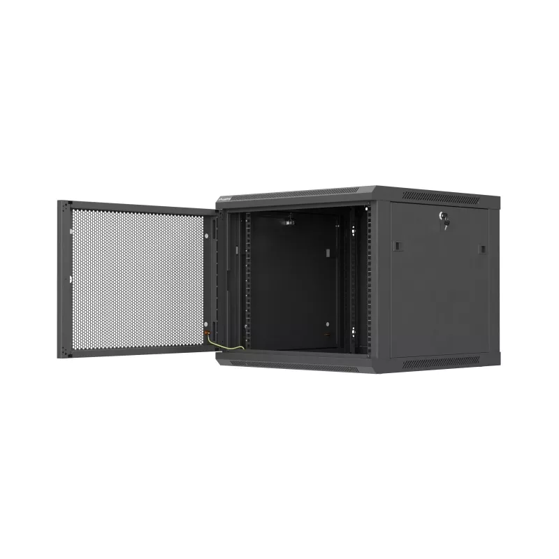 Sienas stiprinājuma 19 inch skapis 9U 600x600 mm melns ar perforētām durvīm