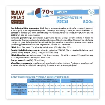 Slapjā suņu barība VETEXPERT Raw Paleo Cod Light Adult 800 g — konservēta, zivju garša, 11,3% olbaltumvielas, 1,7% tauki