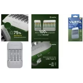 Varta Eco Charger Pro lādētājs — USB, NiMH, līdz 4 AA/AAA, 1 h, pelēks