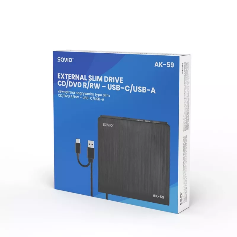 SAVIO AK-59 ārējais slinkais CD/DVD ierakstītājs R/RW - USB-C/USB-A, melns