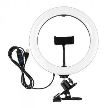 LED gredzena gaisma 26cm ar telefona turētāju un skavu, USB