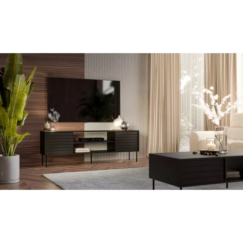 TV skapis cama meble CORTINA EF 180×40×60 cm, melns, skaidu plātnes virsma, melns rāmis