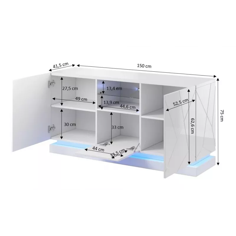 QIU 2D1K kumode 150x41.5x75 cm glancēts balts/glancēts balts