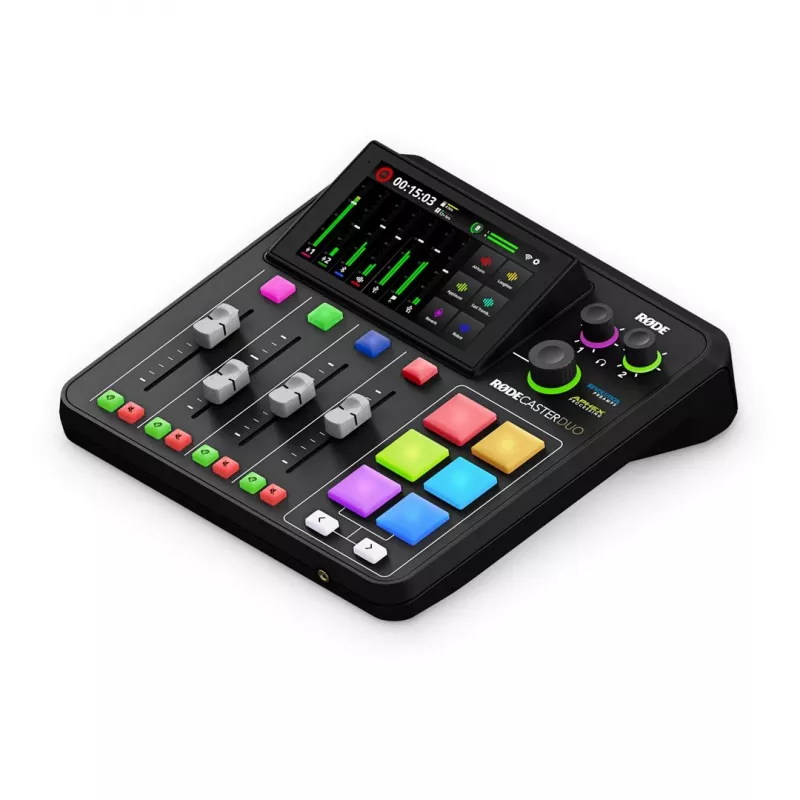 Studijas kontrolieris RØDE Caster Duo Black — 2 kombinētie XLR/TRS, 2 TRS līniju izejas, 48 kHz, 24-bit, skārienekrāns, Wi‑Fi, Bluetooth
