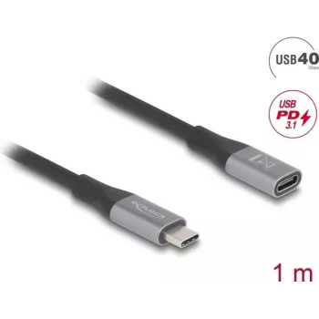 Delock USB-C pagarinātājkabelis, 24 kontaktu USB-C (tēviņš) uz 24 kontaktu USB-C (mātīte), USB 2.0 / USB 3.2 / USB4 / Thunderbolt 3, 5 A, 1,0 m, melns/pelēks (81201)