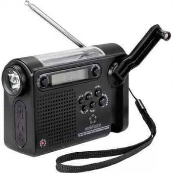 Renkforce RF-CR-200 pārnēsājamais radio UKW, MW, KW uzlādējams, saules panelis, rokas ģenerators, modinātājs, lukturītis Melns (RF-4694806)