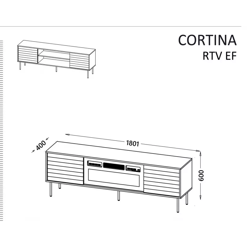 TV skapis cama meble CORTINA EF 180×40×60 cm, melns, skaidu plātnes virsma, melns rāmis
