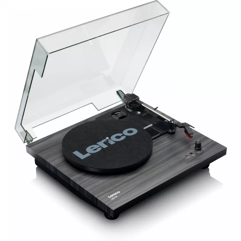 Lenco LS-10 Black – Belt-drive audio atskaņotājs ar iebūvētiem skaļruņiem, 33/45 RPM, RCA izeja, austiņu ligzda
