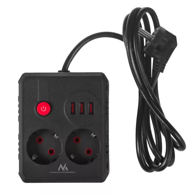 Pagarinātājs MACLEAN MCE387 B — 2 kontaktligzdas, 3×USB A, 110–240V, 1,5 m vads, max 2500W