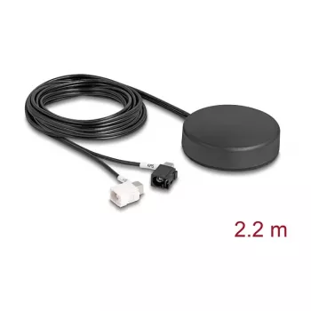 DELOCK 4G GNSS jumta stiprinājuma visvirziena antena — 1×FAKRA A + 1×FAKRA B, 2 dBi / 28 dB, 2,2 m RG-174, melna