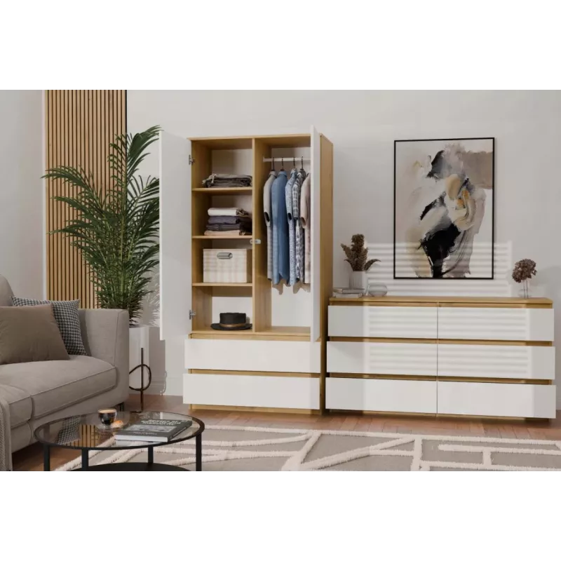 Kumode ar 6 atvilktnēm 120 cm Top E Shop Malwa — Artisan Ozols / Balts, skaidu plātne