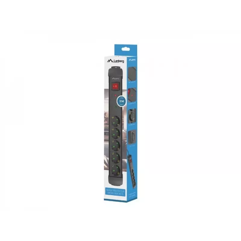 Lanberg SP1-05F-0300-BK Pagarinātājs 3 m 5 AC kontaktligzdas Iekštelpām Melns