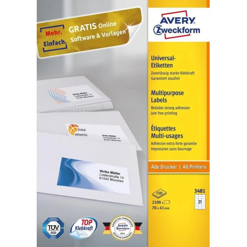 Avery 3481 pašlīmējošās taisnstūra etiķetes, baltas, pastāvīgas, 2100 gab.