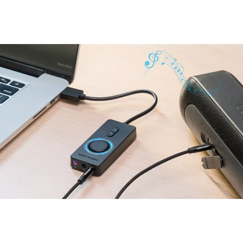 Ārējā USB 2.0 audio karte Vention CDRBF — 16 bitu, 44.1–48 kHz, barošana no USB, 1 m kabelis, line-in/line-out