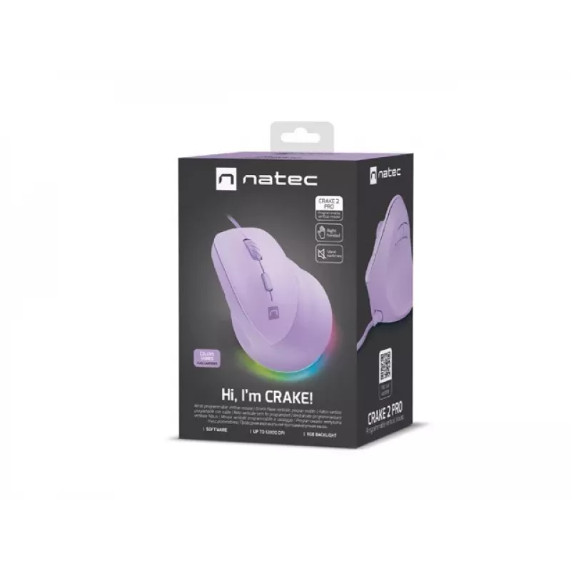 NATEC Crake 2 Pro pele - vertikāla, vadu, USB, optiska, 12800 DPI, violeta