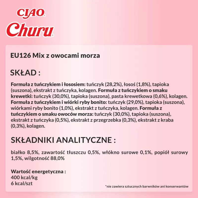 INABA Churu Variety Box Seafood slapjie gardumi kaķiem — 20 x 14 g tūbiņas, zivju pasta, bez graudiem, bez cukura un lipekļa