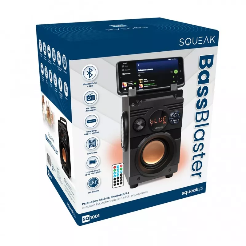 Squeak Bassblaster SQ1001 Bluetooth 5.1 skaļrunis, FM radio, MP3 atskaņotājs