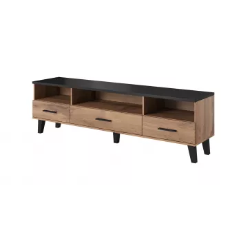 TV statīvs Cama Meble LOTTA 180 cm – Wotan ozola rāmis, matēti melna skaidu plātnes virsma, 1800×400×530 mm