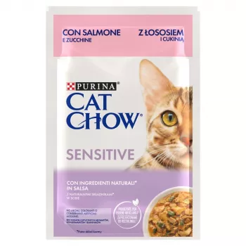 Purina Cat Chow Sensitive Gig ar lasi un cukini mērcē - Mitrā barība kaķiem - 85 g
