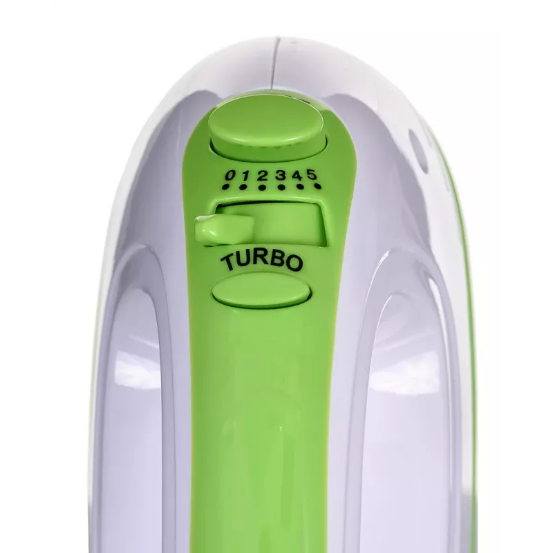 Rokas mikseris ESPERANZA EKM011 — 400 W, 5 ātrumi, turbo, mīklas āķi un putotāji, 220–240 V, balts/gaiši zaļš