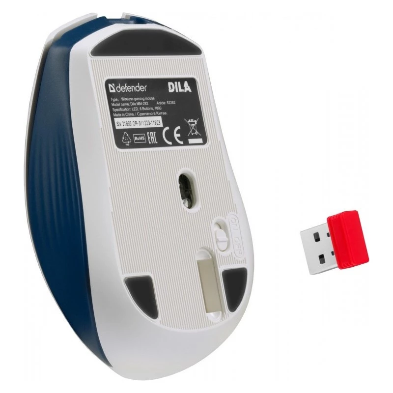 Bezvadu spēļu pele DEFENDER MM-282 RF — ambidekstrāla, optiskā 1800 DPI, 5 pogas, USB, baterija