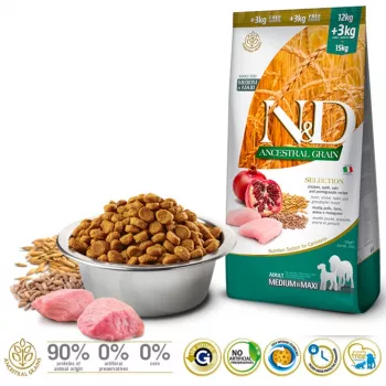 Sausā suņu barība Farmina N&D Ancestral Grain Adult Chicken 15 kg — 27% proteīns, 16% tauki