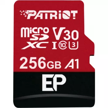 MicroSDXC atmiņas karte PATRIOT PEF256GEP31MCX 256GB Class 10 U3 V30 Lasīšana 100 MB/s Rakstīšana 80 MB/s ar SD adapteri