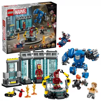 LEGO komplekts Marvel Dzelzs vīra laboratorija Bruņu zāle 76315 — 384 gabali, 5 minifigūras, izstādes zona
