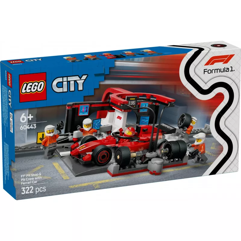 LEGO City F1 Pit Stop komplekts 60443 — Ferrari F1 mašīna, 322 detaļas, 5 minifigūras, vecumam no 6 gadiem