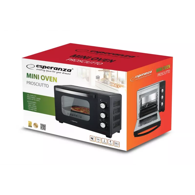 Mini krāsns ESPERANZA EKO008N — 20 L, 1280 W, līdz 230°C, mehānisks taimeris