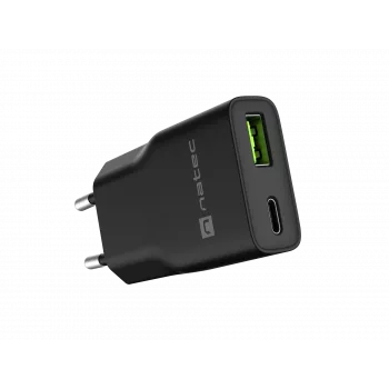 Strāvas adapteris NATEC Ribera NUC-2377 — 1×USB-A, 1×USB-C, 3 A kopējā izeja