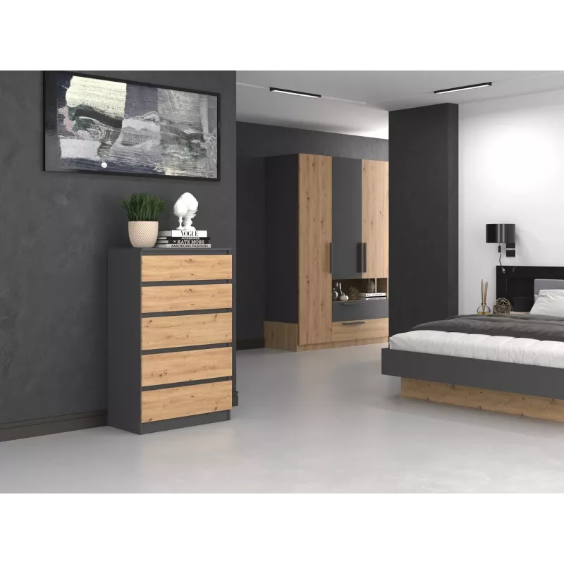 Kumode Topeshop M5 ANTRACYT/ARTISAN 5 atvilktnes, Antracīta ozols, 700×1095×400 mm