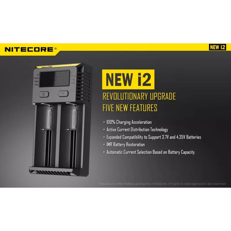 Lādētājs Nitecore NEW i2 — 2 slotu lādētājs LiFePO4, Li-Ion, NiMH; 100–240 V; 9–12 V; AAAA/C/D/AAA/AA; melns