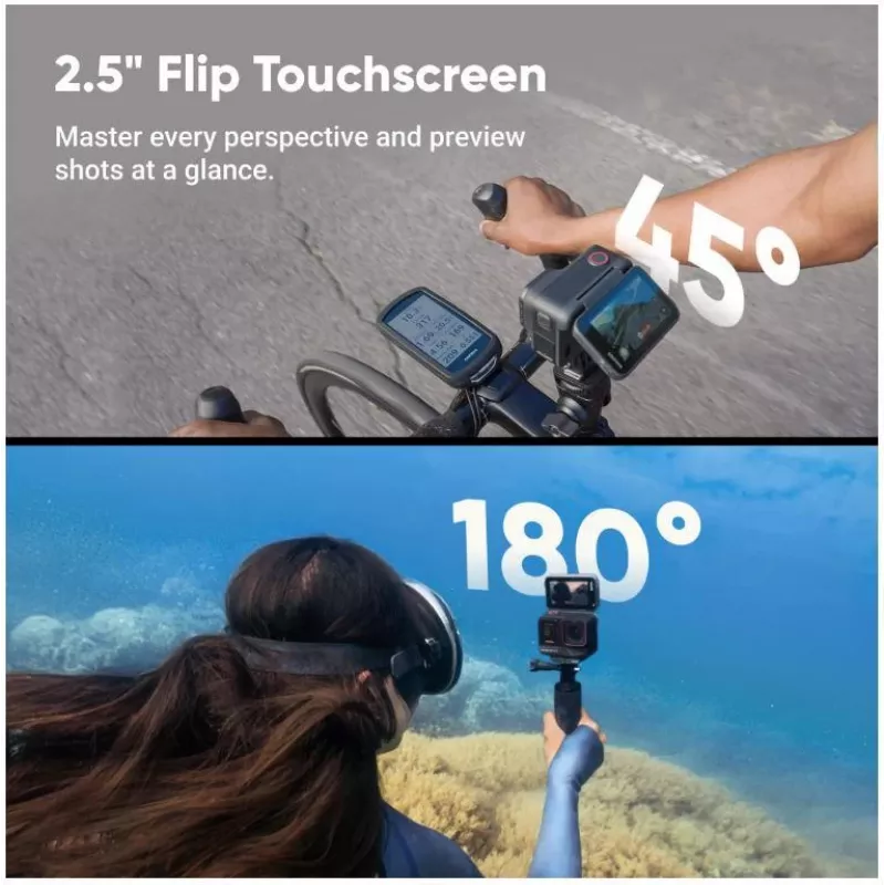 Action kamera Insta360 Ace Pro 2 — 50 MP, 8K Ultra HD (7680×3272), 1/1.3 collu sensors, līdz 240 kadriem/s, iebūvēts ekrāns, Wi‑Fi, MicroSD, 177,7 g, Melna