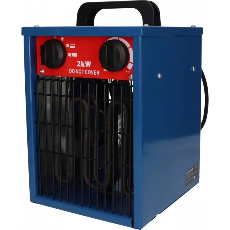 Sildītājs ar ventilatoru BLAUPUNKT EH7010 — 2000 W, nerūsējošā tērauda elements, IPX4, grīdas novietošana, līdz 22 m², melns/zils/sarkans