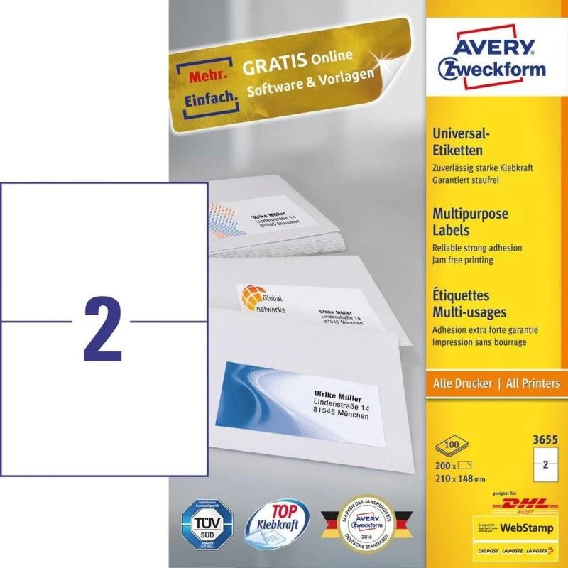 Avery 3655 pašlīmējošā etiķete Taisnstūra Pastāvīga Balta 200 gab.