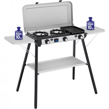 Camping Kitchen 2 Multi Cook Plus gāzes plīts Grey, 2 gatavošanas zonas 2x 1,8 kW + Grila plāksne 0,9 kW, modelis 2025